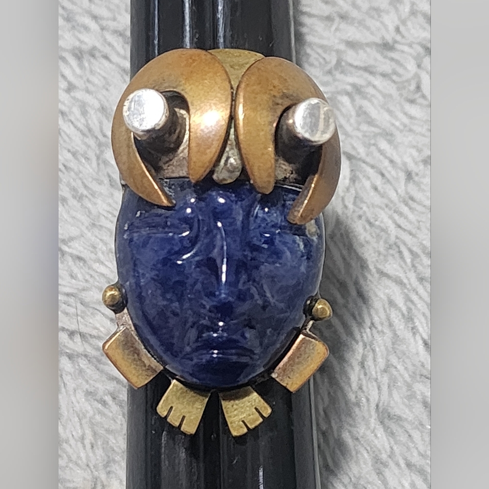 Taxco Blue Lapis Face Ring Sz 7.5 950 Silver Mixed Metal Accents Handmade Artist